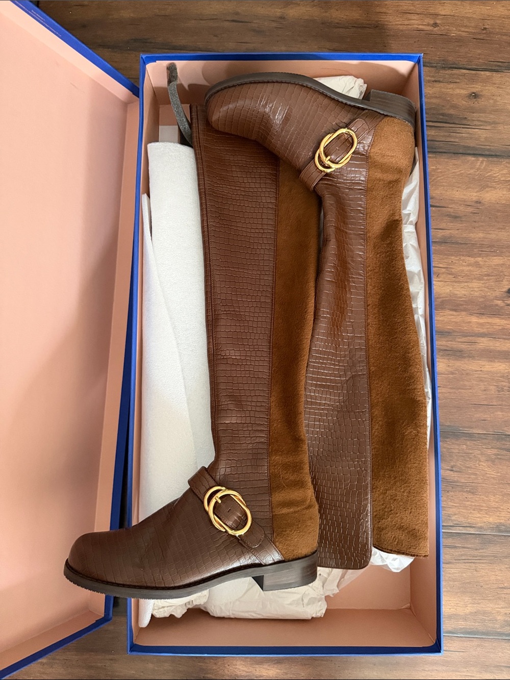 Stuart Weitzman Brown Two-Tone Over-the-Knee Boots with Gold Buckle